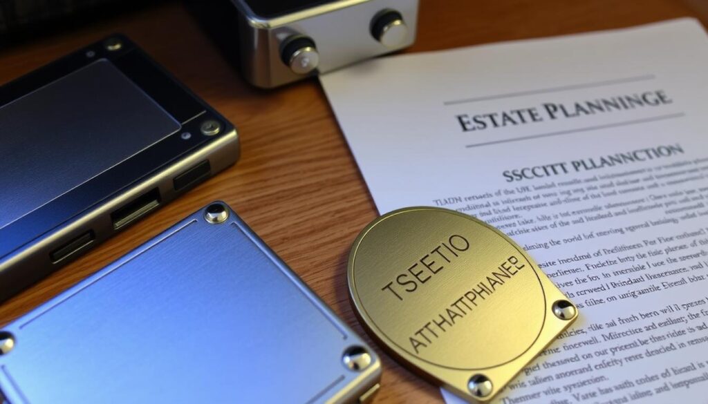 Secure crypto inheritance planning showing seed phrase storage and hardware wallet Secure crypto inheritance planning showing seed phrase storage and hardware wallet