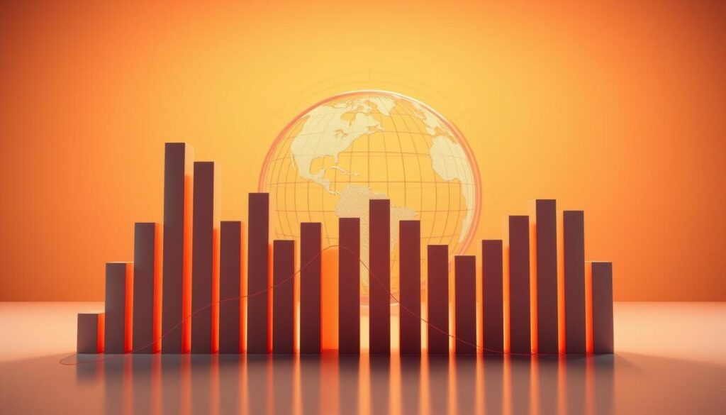 Striking contrast of inflation and deflation trends depicted through a dynamic data visualization. In the foreground, a 3D bar chart showcases the opposing forces of rising prices and falling values, the bars undulating with fluid motion. The middle ground features a wireframe globe, spinning gently to illustrate the global economic landscape. In the background, a minimalist geometric pattern evokes the complex interplay of monetary policies and economic stability. Warm lighting casts an authoritative, yet contemplative mood, inviting the viewer to ponder the long-term impacts of these intricate financial forces.