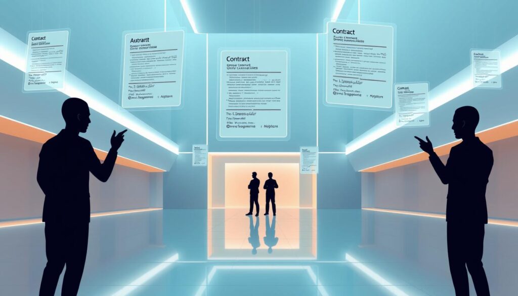 a highly detailed, photorealistic illustration of smart contracts in action, depicted in a sleek, minimalist and futuristic setting. the foreground shows a series of stylized, transparent digital contract documents floating in mid-air, each displaying complex algorithmic code and cryptographic signatures. the middle ground features a pair of faceless, silhouetted figures interacting with the contracts using smooth, gestural hand movements, as if manipulating holograms. the background showcases a clean, geometric architectural environment bathed in a cool, bluish-white ambient lighting, creating an atmosphere of technological sophistication and precision. the overall scene conveys a sense of seamless, automated transactions and the power of decentralized, self-executing agreements.