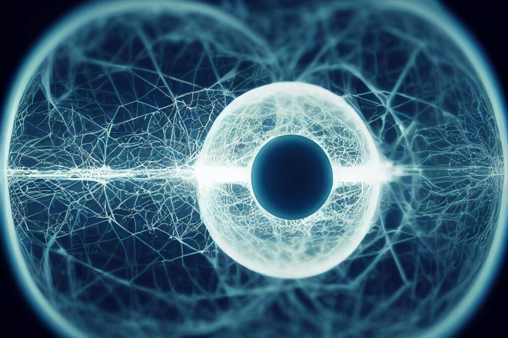 An abstract visualization of a decentralized network with interconnected points of light.
