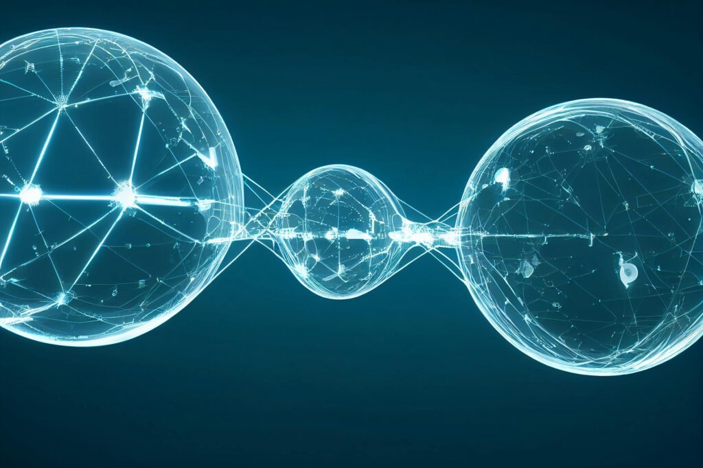 An abstract visualization of a decentralized network with interconnected nodes and glowing lines, symbolizing blockchain technology.