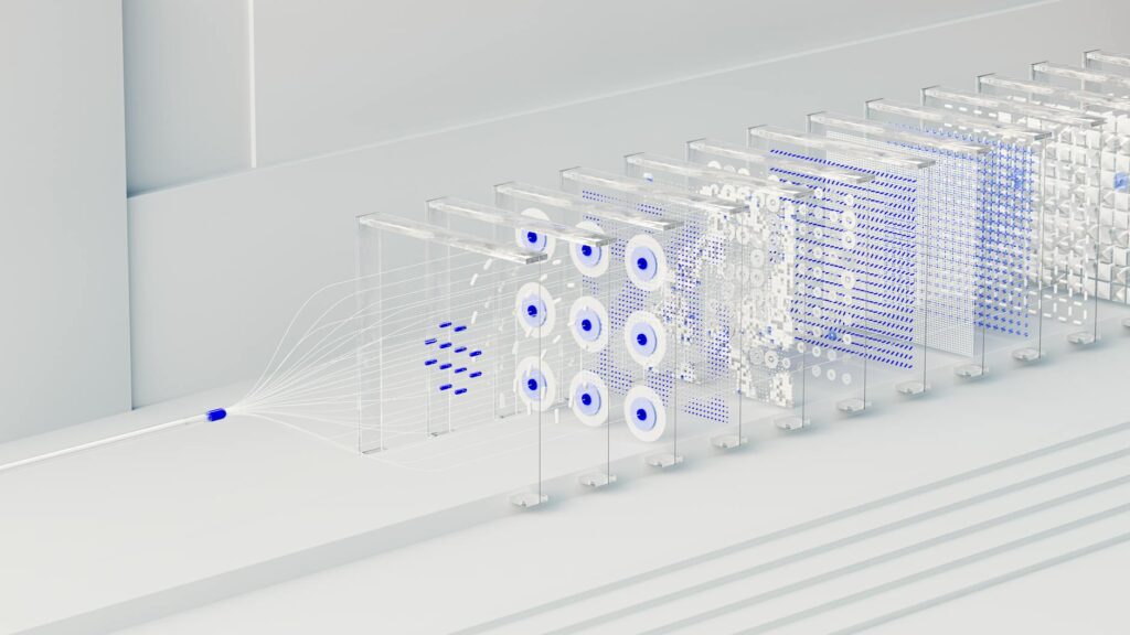 An abstract digital art visualization of a complex blockchain network with interconnected nodes.