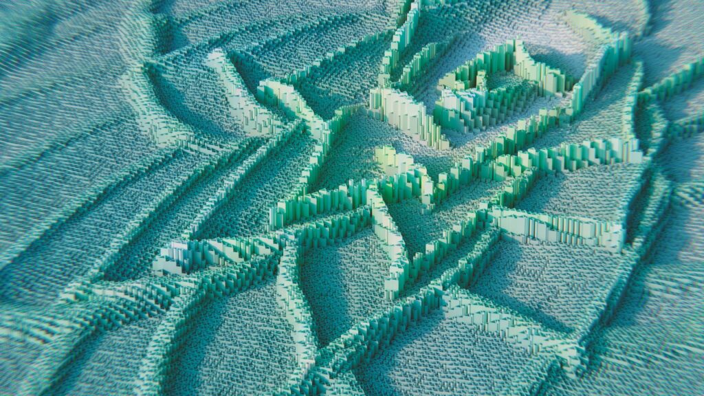 A conceptual image of glowing blue and purple blocks representing a blockchain ledger.