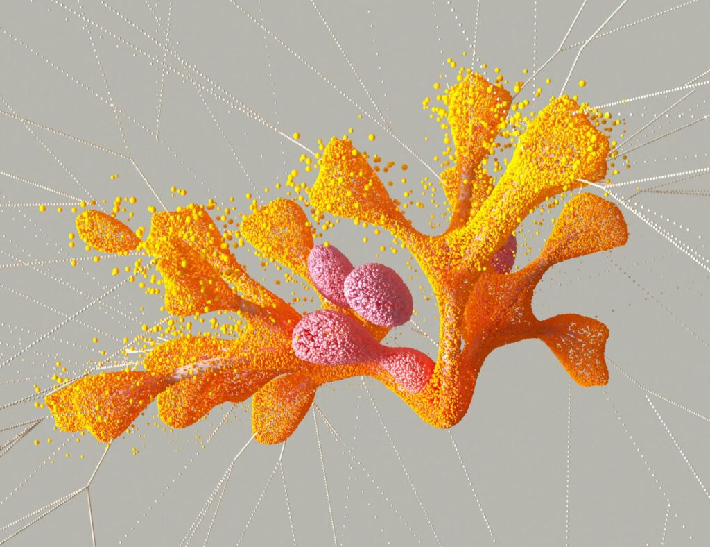 A glowing, abstract digital graphic representing the decentralized Bitcoin blockchain network.