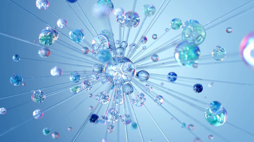 An abstract digital graphic representing a decentralized blockchain network connecting people globally.