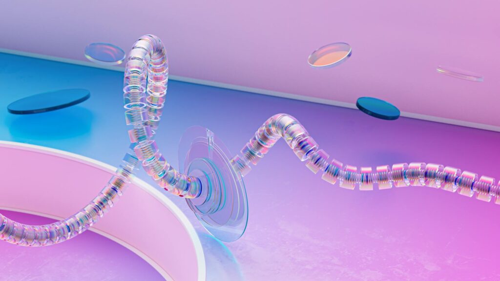 An abstract digital background with glowing blue nodes and connecting lines, representing blockchain technology.