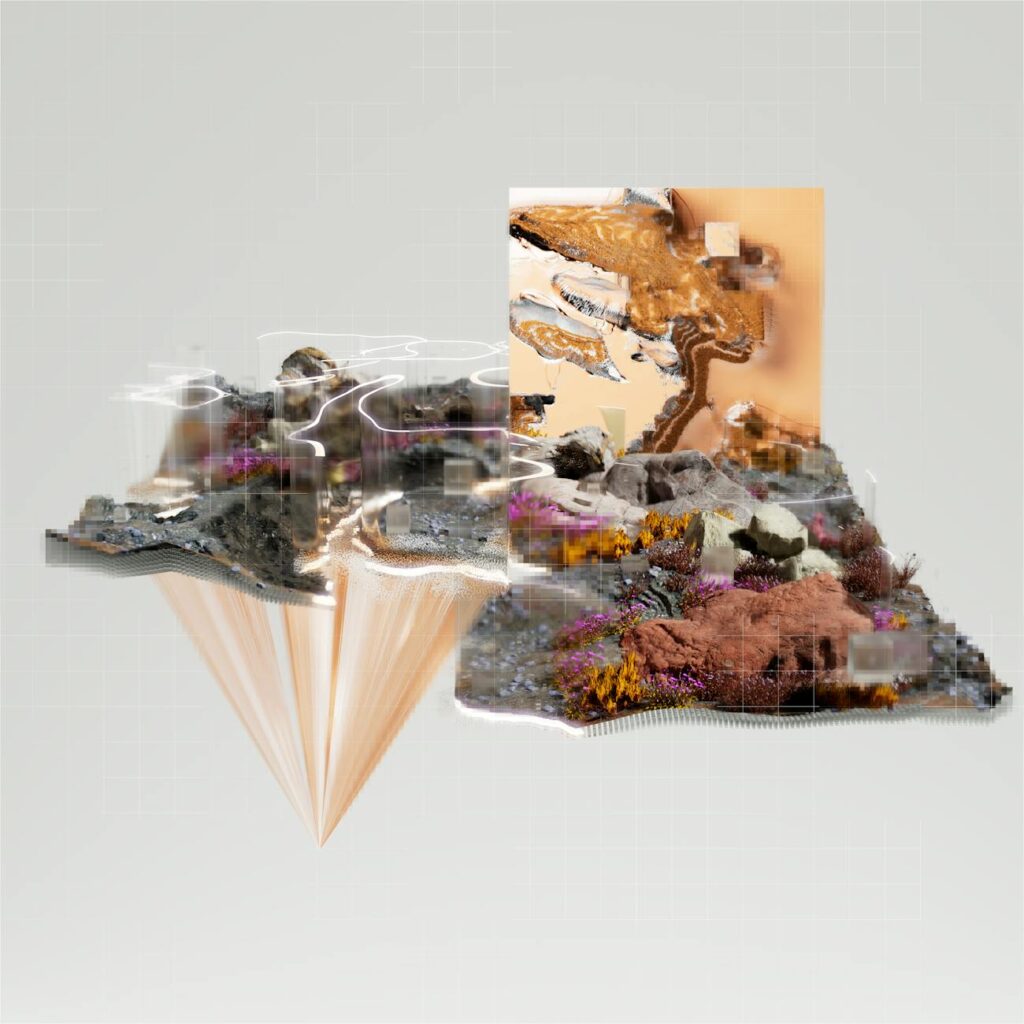 An abstract blue and green digital grid representing blockchain technology and data flow.