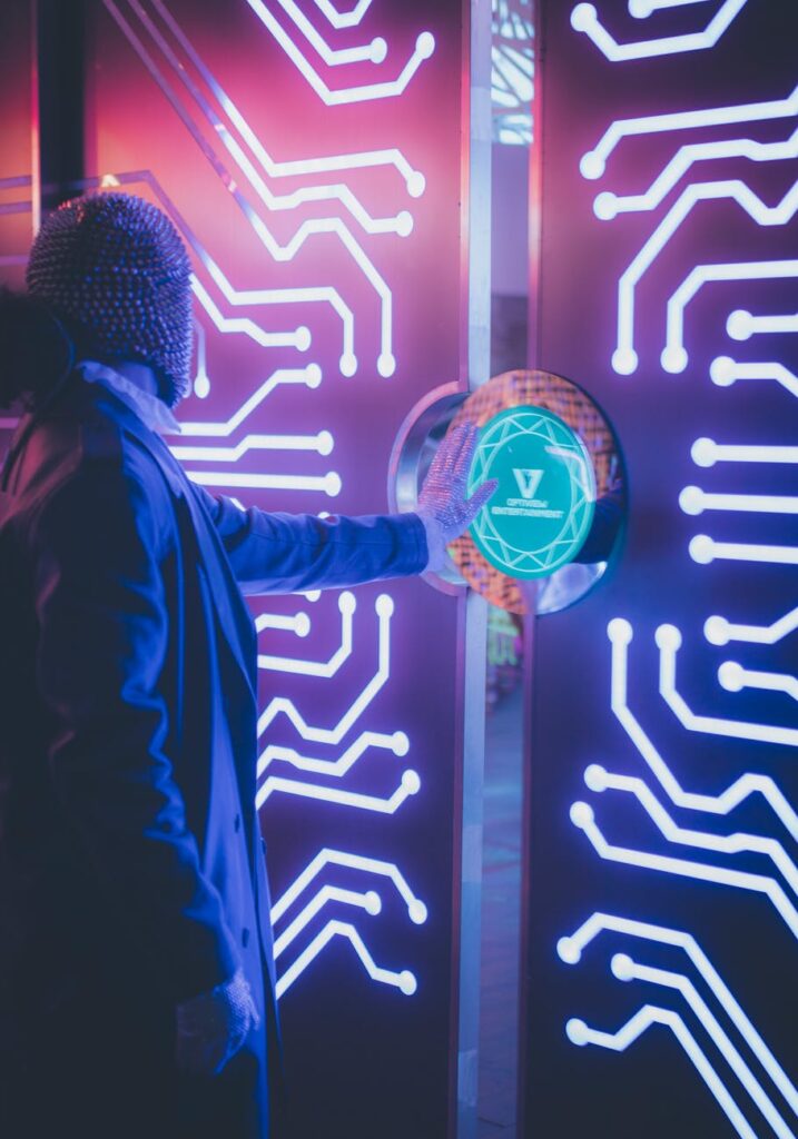 A dark background with glowing lines connecting points, symbolizing a decentralized peer-to-peer network.