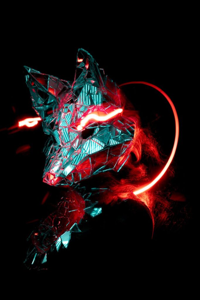 A stylized, abstract image of various glowing neon cryptocurrency logos like Bitcoin and Ethereum.