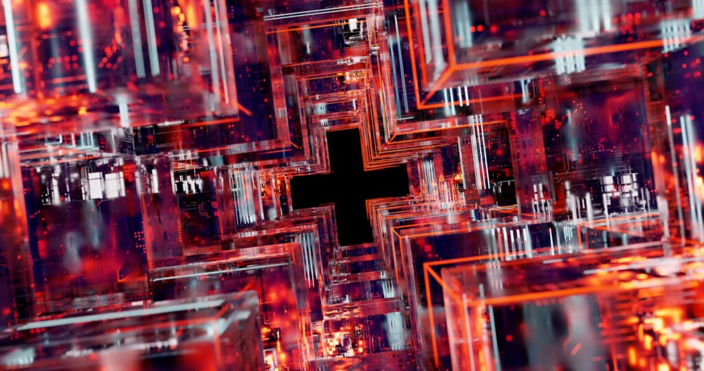 An abstract digital art piece showing interconnected nodes representing a blockchain.