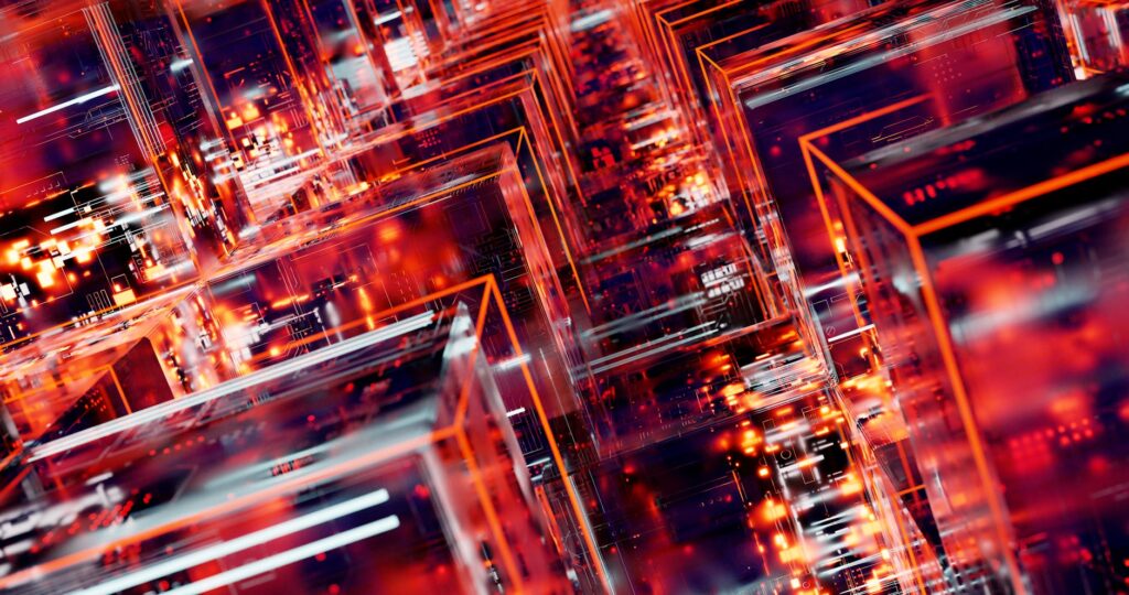 An abstract digital art representation of interconnected nodes in a blockchain network.