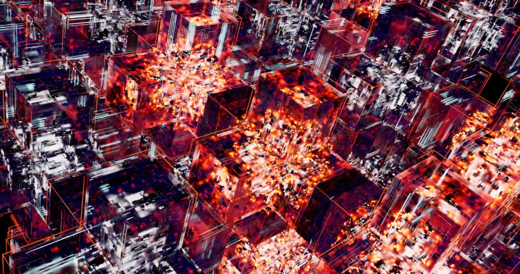 An abstract digital graphic representing a complex blockchain network with interconnected nodes and glowing data streams.