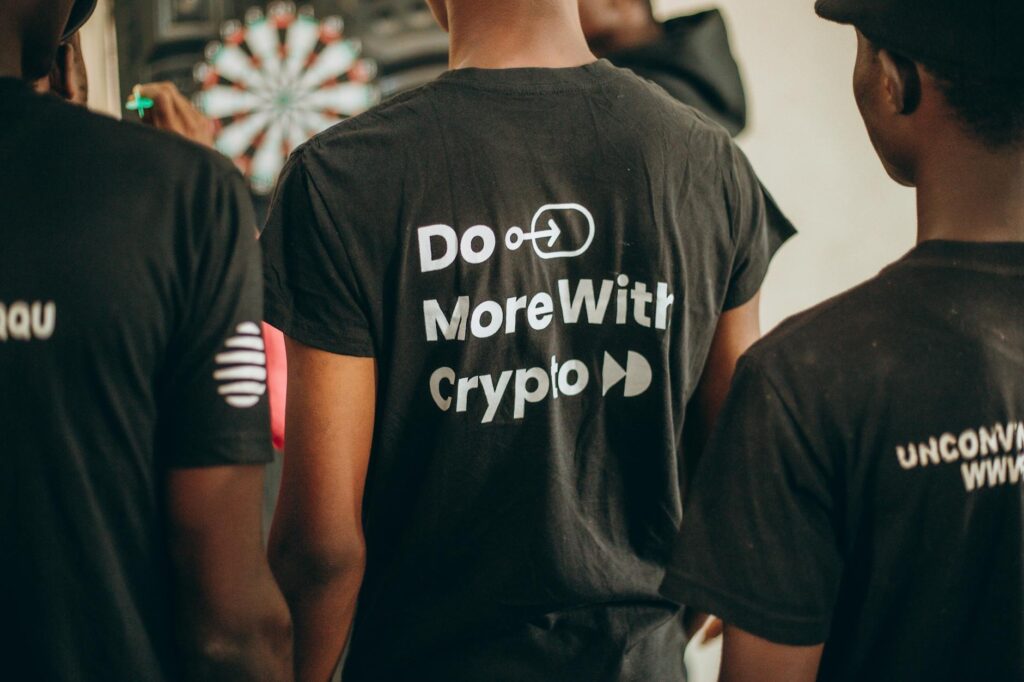 An abstract visualization of a decentralized cryptocurrency network with glowing nodes and connections.