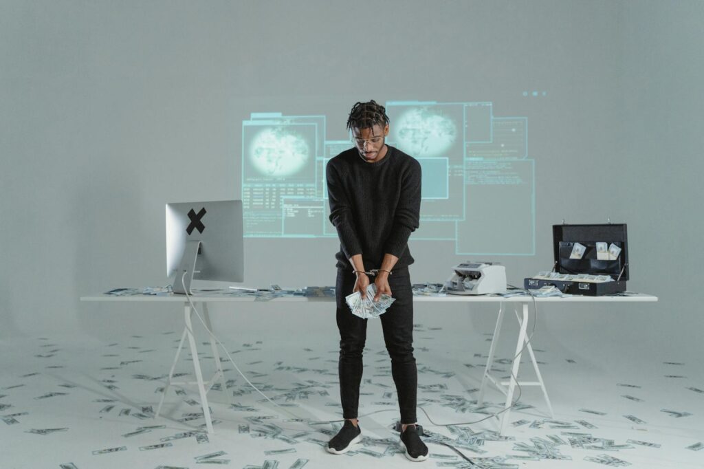 An abstract digital art piece showing interconnected nodes representing a secure blockchain network.