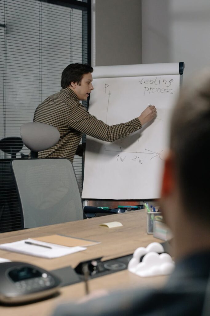 A project team strategizing their tokenomics and vesting schedule on a whiteboard.