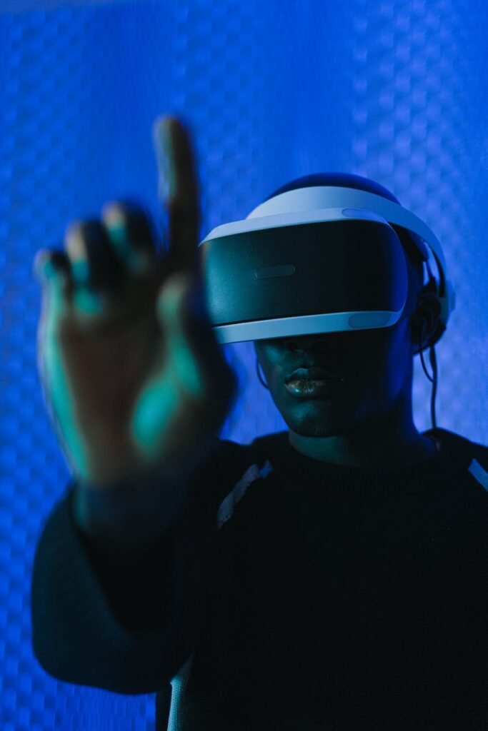 A financial professional analyzing data on a large, transparent holographic screen displaying asset information.