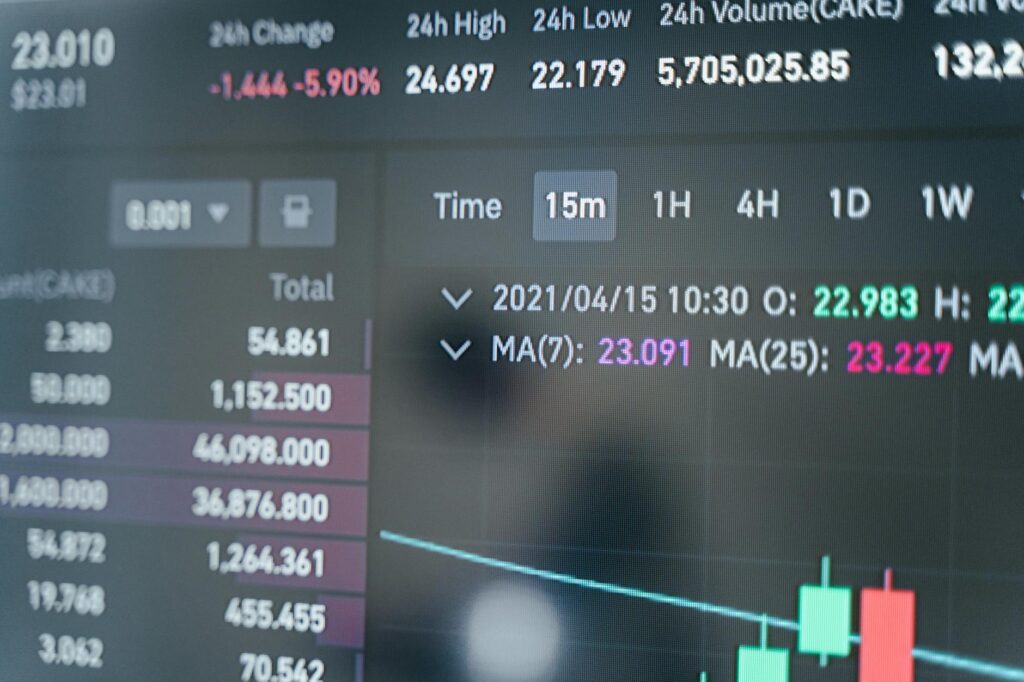 A close-up shot of a person's hands typing on a laptop which shows a complex cryptocurrency price chart.
