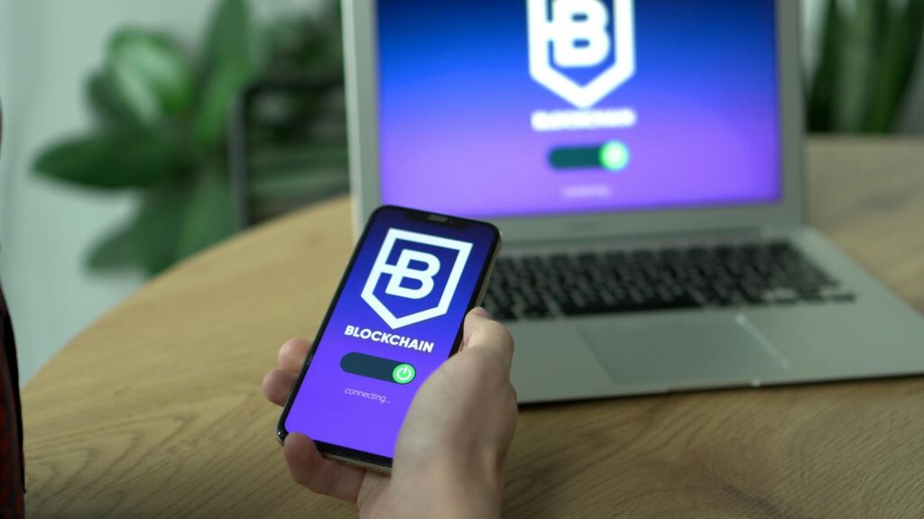 An abstract visualization of a decentralized blockchain network with glowing nodes.