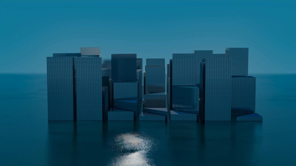 A futuristic cityscape at night, with holographic data streams and network lines overlaid, symbolizing a high-tech infrastructure.